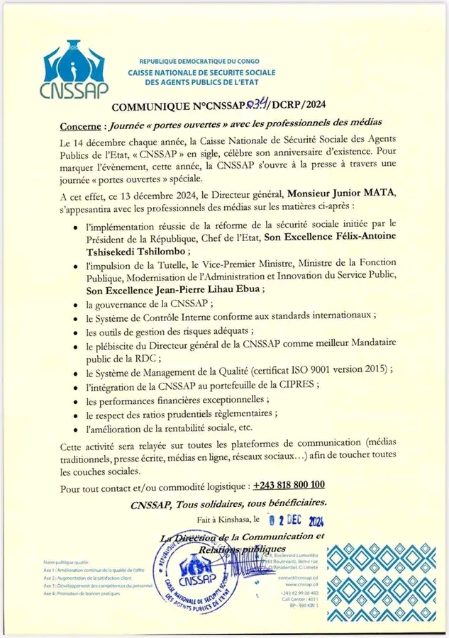 1000159179 Kinshasa :  La CNSSAP va célébrer l'anniversaire de son existence le 14 décembre 2024